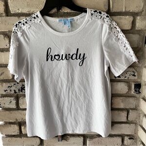 Draper James small White Graphic Tee with “howdy” Short Sleeves with lace detail
